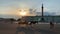 Russia, St.Petersburg, 09 June 2020: The harnessed carriage is on Palace Square at sunset, the Alexandria column and the