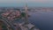 Russia, St.Petersburg, 16 May 2021: Drone of flying away from highest skyscraper in Europe Lakhta Center at pink sunset