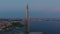 Russia, St.Petersburg, 16 May 2021: Drone of flying away from highest skyscraper in Europe Lakhta Center at pink sunset