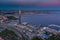 Russia, St.Petersburg, 16 May 2021: Drone point of view of highest skyscraper in Europe Lakhta Center at pink sunset