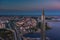 Russia, St.Petersburg, 16 May 2021: Drone point of view of highest skyscraper in Europe Lakhta Center at pink sunset