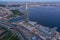 Russia, St.Petersburg, 16 May 2021: Drone point of view of highest skyscraper in Europe Lakhta Center at pink sunset