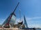 Russia, St.Petersburg, 26 May 2020: Port Hercules, the big industrial crane lifts the sailboat and floats it, the