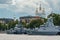 Russia, St. Petersburg, 28 July 2022: A several modern warships anchored at the Neva River embankment during the Navy