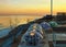 Russia, St. Petersburg - April 28, 2023: Summer cafe in the form of a glass hemisphere at sunset