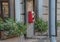 Russia, St. Petersburg, elements of architecture, red street city phone, payphone, retro phone on a city street. Architecture in c