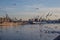 Russia, St. Petersburg, the Neva River in summer. Lieutenant Schmidt Embankment. View of the water, ships and Admiralty shipyards.