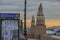 Russia, St. Petersburg, the Neva River in the summer morning at dawn. Gentle golden lighting, warm sky. Architectural monument of