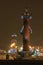 Russia, St. Petersburg, snowfall over the Rostral columns