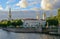 Russia, St. Petersburg, St. Nicholas Cathedral, golden domes, emotional urban landscape, bright sun before a thunderstorm, water b