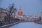 Russia, St. Petersburg, winter city landscape. Winter embankment of the Moika River in the snow. Twilight gentle feeling light. Th