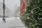 Russia, St. Petersburg, winter. Winter city street, snowfall, snow. Snow-covered building close-up. Very heavy snow. Winter soft d