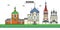 Russia, Suzdal. City skyline, architecture, buildings, streets, silhouette, landscape, panorama, landmarks. Editable