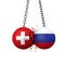 Russia and Switzerland political tensions concept. National flag wrecking balls smash together. 3D Rendering