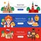 Russia travel symbols traditions landmarks 3 horizontal flat web banners set with cuisine kremlin vodka illustration