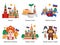 Russia travel tours attractions culture landmarks 6 flat compositions set with traditional food symbols landmarks vector
