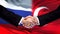 Russia and Turkey handshake, international friendship relations, flag background