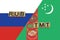 Russia and Turkmenistan currencies codes on national flags background