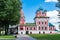 Russia, Uglich, July 2020.  Magnificent red with blue domes Orthodox cathedral in the city Kremlin.