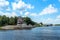 Russia, Uglich, July 2020. A magnificent view of the river and the temple of Tsarevich Dimitri on the Blood.