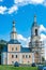 Russia, Uglich, July 2020. An old Orthodox church with a three-tiered bell tower under reconstruction.