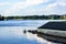 Russia, Uglich, July 2020. Panorama of the Volga river and the embankment.