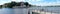 Russia, Uglich, July 2020. A pier for ships and a panorama of the city Kremlin.