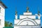 Russia,Uglich, July 2020. Superstructure with domes over the gates of the Orthodox monastery.