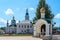 Russia, Uglich, July 2020. View of the courtyard of the monastery with a chapel above the holy spring.