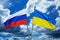 Russia and Ukraine bright flags. Concept of political or territorial conflict, war and crisis.