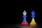 Russia Ukraine War Conflict Concept. Chess Kings Painted with Russian and Ukrainian Flags. 3d Rendering