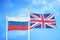 Russia and United Kingdom two flags on flagpoles and blue cloudy sky