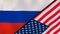 Russia United States national flags. News, reportage, business background. 3D illustration