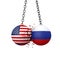 Russia and USA political tensions concept. National flag wrecking balls smash together. 3D Rendering