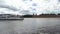 Russia, Veliky Novgorod, June 08, 2018, Panoramic view of the Volkhov River. The ship sails on the Volkhov River