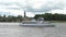 Russia, Veliky Novgorod, June 08, 2018, Panoramic view of the Volkhov River. The ship sails on the Volkhov River