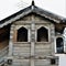 Russia, Veliky Novgorod, May 2018. Fragment of an old wooden porch in the city Kremlin.