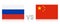Russia versus China. The Russian Federation against the People`s Republic of China. National flags with reflection.