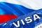 Russia visa document close up. Passport visa on Russia flag. Russia visitor visa in passport,3D rendering. Russia multi entrance