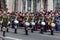 Russia, Vladivostok, 05/09/2018. Nice ladies drummers in stylish military uniform on annual parade on Victory Day on May`9.