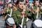 Russia, Vladivostok, 05/09/2018. Nice ladies drummers in stylish military uniform on annual parade on Victory Day on May`9.