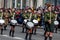 Russia, Vladivostok, 05/09/2018. Nice ladies drummers in stylish military uniform on annual parade on Victory Day on May`9.