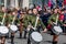 Russia, Vladivostok, 05/09/2018. Nice ladies drummers in stylish military uniform on annual parade on Victory Day on May`9.