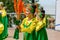 Russia, Vladivostok, 06/12/2018. Nice young girls in traditional Russian Slavic clothes perform on stage on annual Russia Day on