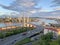 Russia, Vladivostok. Golden bridge in the setting sun