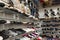 Russia, Vologda, 03.2020. Rows of beautiful, elegant, colored shoes on store shelves. Shoe