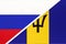 Russia vs Barbados national flag from textile. Relationship and partnership between two countries