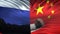 Russia vs China confrontation, countries disagreement, fists on flag background