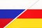 Russia vs South Ossetia national flag from textile. Relationship and partnership between two countries