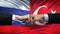 Russia vs Turkey conflict, international relations, fists on flag background